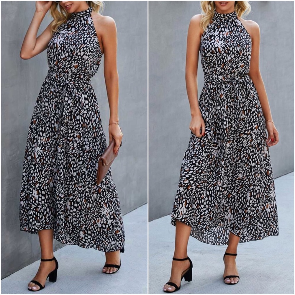 Boho Leopard Print Dot Halter Belted Midi Dress - Picture 2 of 2